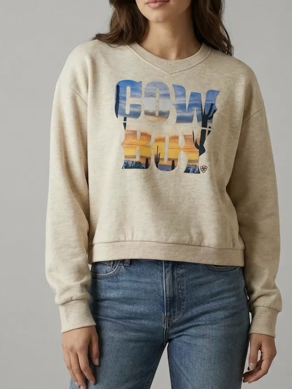 Ariat Cream Graphic 'COWBOY' Crewneck with Sunset Blue Print